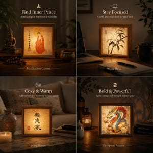 Puede incluir: Una caja de luz cuadrada de madera con cuatro paneles iluminados: una figura con t&uacute;nica roja, una ilustraci&oacute;n de bamb&uacute; en tinta negra, caracteres de caligraf&iacute;a china y un drag&oacute;n colorido, mostrados en diversos entornos del hogar.