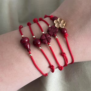 Red String Cinnabar Bracelet Set of 2 - Lotus, Clover, Gourd or Harmony Bead Charms, Lucky Couple Gift