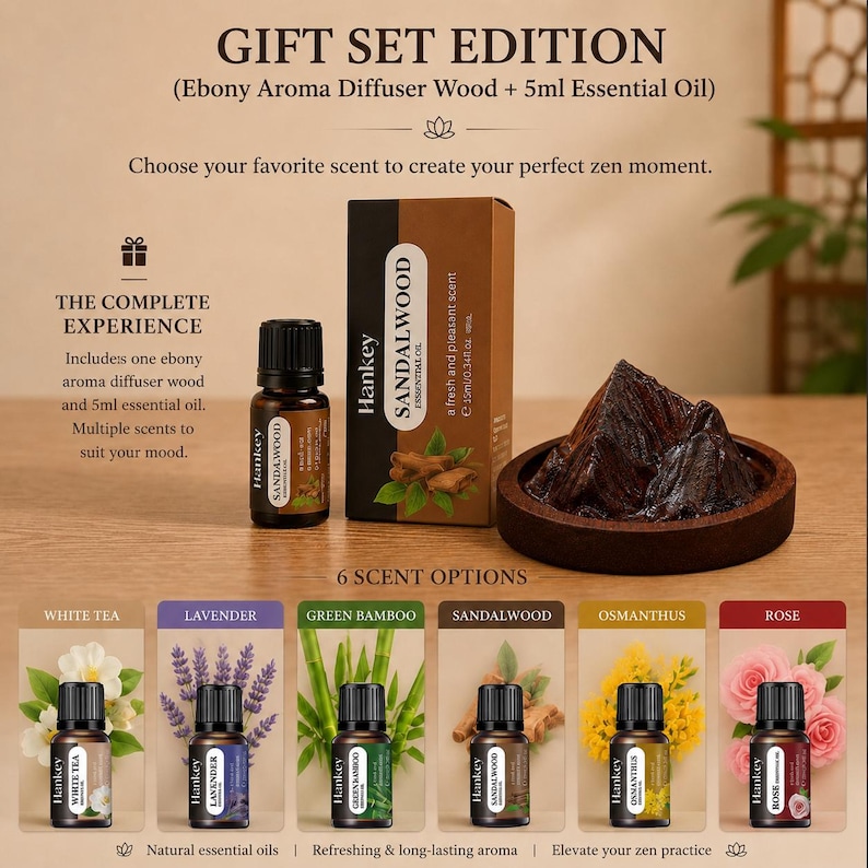 May include: A gift set edition featuring an ebony aroma diffuser wood, a 5ml bottle of Hankey Sandalwood essential oil, and its box. Below, six scent options are displayed: White Tea, Lavender, Green Bamboo, Sandalwood, Osmanthus, and Rose.