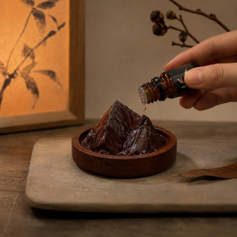 May include: A dark brown wooden mountain-shaped incense holder sits in a circular wooden tray. A small amber glass dropper bottle is positioned above the mountain, releasing a single clear liquid droplet onto the textured wooden surface.