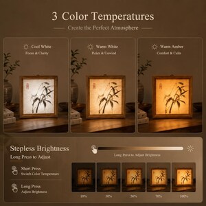Puede incluir: Una l&aacute;mpara cuadrada de madera con una pintura de bamb&uacute; a tinta, que muestra tres temperaturas de color: blanco fr&iacute;o, blanco c&aacute;lido y &aacute;mbar c&aacute;lido. La interfaz incluye instrucciones para el ajuste continuo del brillo y cambio de color.