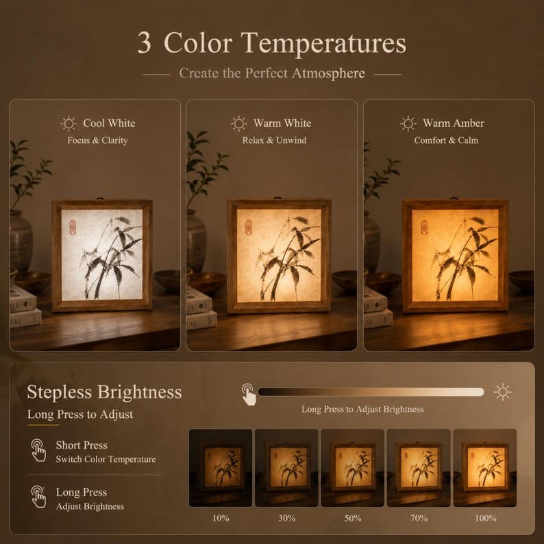 Puede incluir: Una l&aacute;mpara cuadrada de madera con una pintura de bamb&uacute; a tinta, que muestra tres temperaturas de color: blanco fr&iacute;o, blanco c&aacute;lido y &aacute;mbar c&aacute;lido. La interfaz incluye instrucciones para el ajuste continuo del brillo y cambio de color.