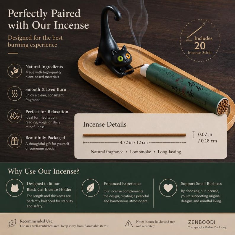 May include: A black cat-shaped incense holder with yellow and green eyes, positioned on an oval wooden tray. A green cylindrical tube containing incense sticks is present. A diagram shows an incense stick measuring 4.72 inches in length.