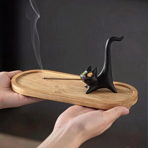 Cat Incense Holder, Ceramic Black Cat Decor, Stick Incense Burner with Wooden Base, Zen Meditation Gift, Tea Table Decor for Cat Lovers image 9