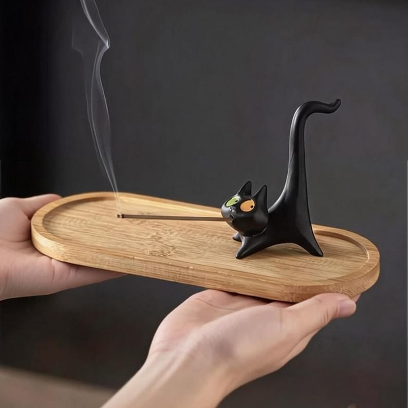 Cat Incense Holder, Ceramic Black Cat Decor, Stick Incense Burner with Wooden Base, Zen Meditation Gift, Tea Table Decor for Cat Lovers image 9