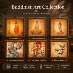Puede incluir: Una colecci&oacute;n de seis cajas de luz cuadradas de madera con arte budista, que incluyen representaciones de Amitabha, un Bodhisattva sentado, Amitabha Buda, un drag&oacute;n azur ascendente, una placa de drag&oacute;n azur y bamb&uacute;.