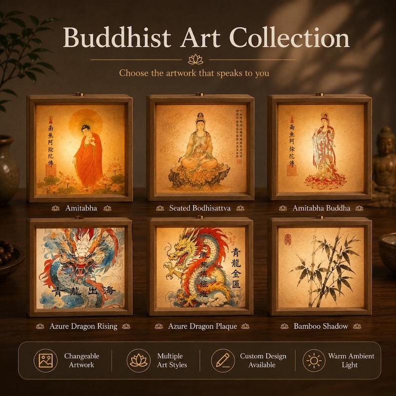 Puede incluir: Una colecci&oacute;n de seis cajas de luz cuadradas de madera con arte budista, que incluyen representaciones de Amitabha, un Bodhisattva sentado, Amitabha Buda, un drag&oacute;n azur ascendente, una placa de drag&oacute;n azur y bamb&uacute;.