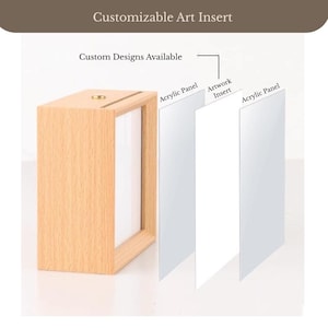 Puede incluir: Un marco de madera de color claro con una ranura en la parte superior, que muestra un diagrama de vista expandida con dos paneles acr&iacute;licos transparentes y un inserto art&iacute;stico central. Las etiquetas incluyen Customizable Art Insert y Acrylic Panel.