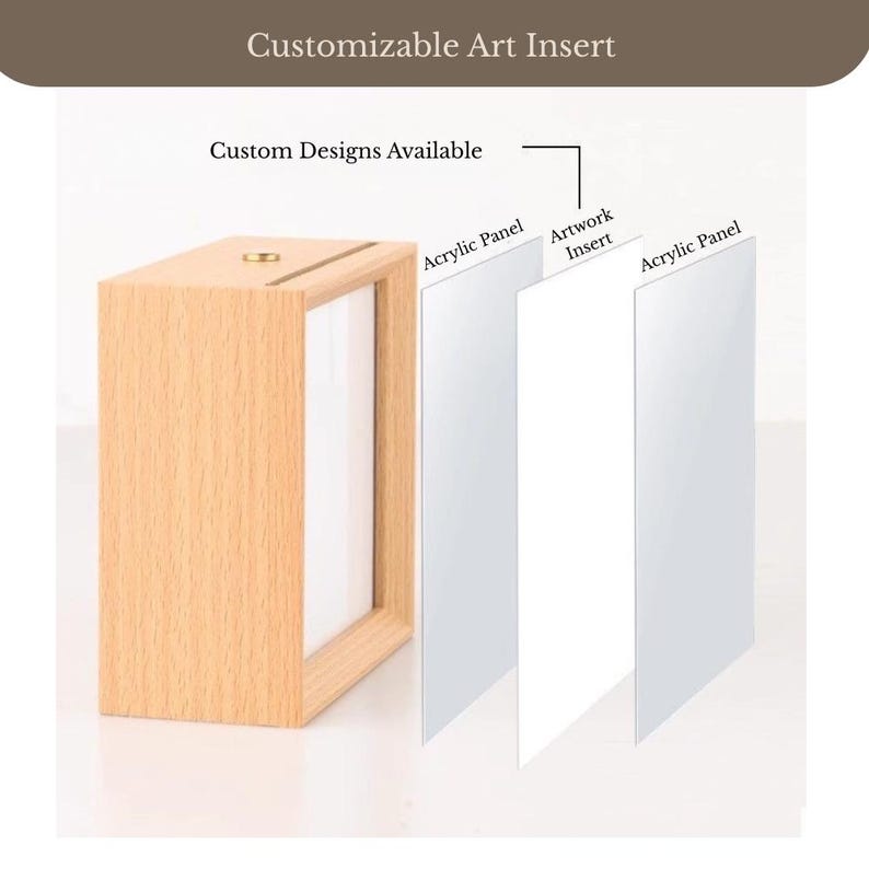 Puede incluir: Un marco de madera de color claro con una ranura en la parte superior, que muestra un diagrama de vista expandida con dos paneles acr&iacute;licos transparentes y un inserto art&iacute;stico central. Las etiquetas incluyen Customizable Art Insert y Acrylic Panel.