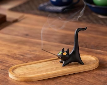Cat Incense Holder, Black Cat Zen Incense Burner, Cute Ceramic Tea Pet Decor, Wooden Base Stick Holder for Desk Tea Table Gift | By Zenboodi