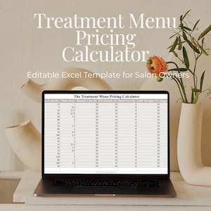 May include: A laptop screen shows a spreadsheet titled "Treatment Menu Pricing Calculator." The table displays data related to costs and profit margins. The image includes the text "Editable Excel Template for Salon Owners" and "Fully Editable."