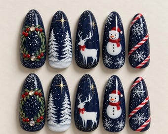 Navy Blue Christmas Press On Nails, Winter Snowflake Nail Art, Reindeer Snowman Nails, Snowy Forest Holiday Nail Set