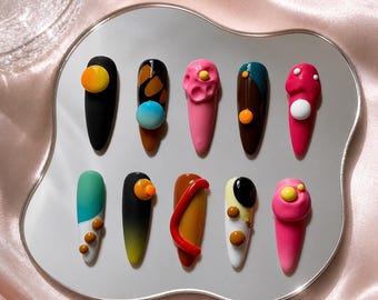Handmade Abstract Pop Art Press On Nails | 3D Bubble, Curve & Color Block Design | Fun Nails for Modcore or Artistic Aesthetic