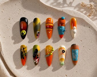 Handmade 3D Abstract Press On Nails | Orange Gradient, Geometric Art