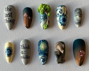 Art Inspired 3D Press On Nails, Starry Night Abstract Nail Set, Sculpture Floral Design, Museum Aesthetic Nails, Gift for Her