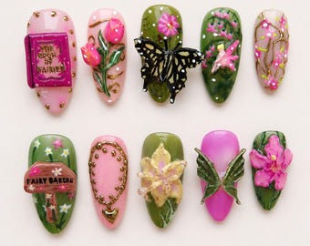 Fairy Garden Press On Nails | Handgemaakte 3D vlinderbloemnagels | Cottagecore Fairycore roze-groene herbruikbare gelnagelset