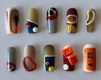 Retro Y2K 3D Press On Nails, Abstract Object Nail Set, Funky Minimal Pop Art Nails, Unique Statement Nails, Gift for Her