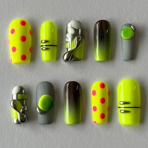 Neon Green Chrome 3D Press On Nails Futuristic Set | Lime Gradient Polka Dot Nails Metallic Abstract | Handmade Statement Nails