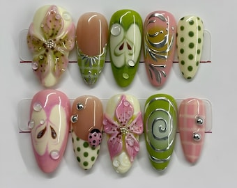 Handmade Spring Gardencore Press On Nails | 3D Flowers, Ladybug and Polka Dots | Pastel Floral Artcore Nail Set for Retro Aesthetic