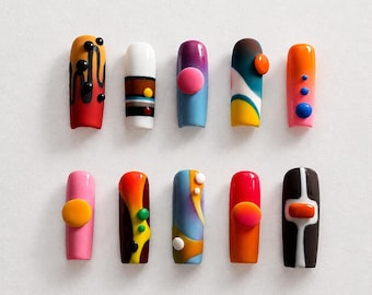 Handmade Abstract Pop Art Press On Nails | 3D Color Block Dots & Retro Shapes | Bold Square Nails for Y2K or Artsy Aesthetic