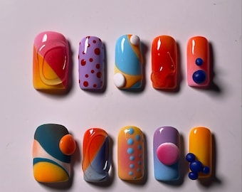 Handmade Color Pop Press On Nails | 3D Dots, Jelly Blobs & Abstract Gradient Art | Bright Nails for Pop Art or Modcore Aesthetic