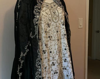White & Green Embroidered Suit with Palazzo Pants