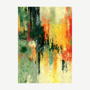 Rainlight Avenue NY - Paysage urbain expressionniste abstrait en jaune, vert et rouge, impression d'art mural urbain moderne