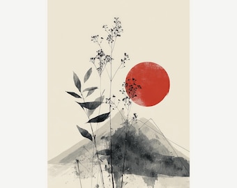 Japandi Mountain Art with Red Sun – Minimal Landscape Wall Art