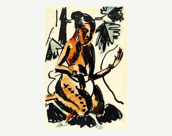 Max Pechstein – Kneeling Figure (1915) | Expressionist Drawing from Palau