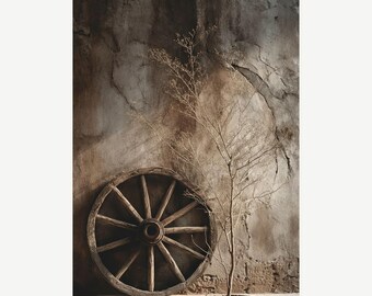 Resting Wheel – Wabi Sabi Rustic Zen Wall Art | Weathered Wood Still Life Print