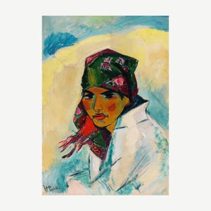 May include: An oil painting depicting a person in a green and red patterned headscarf and a white coat. The face is painted with warm colours, set against a backdrop of blue, yellow, and white brushstrokes. The painting is signed in the lower left corner.
