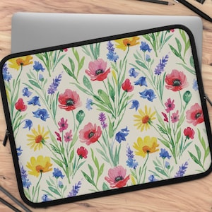 Wildflower Watercolor Laptop Sleeve, Floral MacBook Case, Cottagecore Zipper Pouch