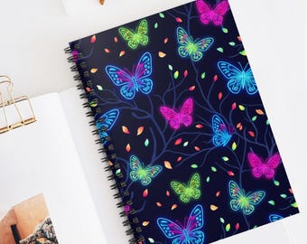 Neon Butterfly Spiral Notebook, Colorful Journal, Butterfly Stationery (6" x 8")