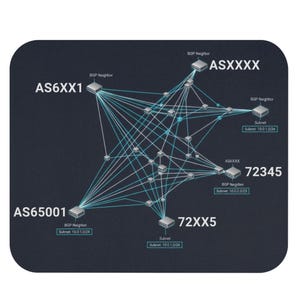 May include: A dark blue mousepad featuring a network diagram with interconnected nodes and lines. The diagram includes labels such as "AS6XX1", "ASXXXX", "72345", "72XX5", and "AS65001", along with "BGP Neighbor" and "Subnet" notations.