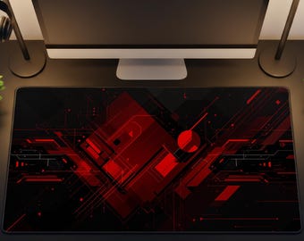 Red Cyberpunk Desk Mat, Futuristic Tech Large Mouse Pad, Gaming Workspace, Non-Slip Neoprene Office Pad