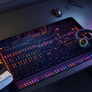 May include: A large, rectangular desk mat featuring a detailed graphic of a sound mixing console with numerous knobs, sliders, and lights. A VR headset, headphones, and a mouse are also visible on the desk.