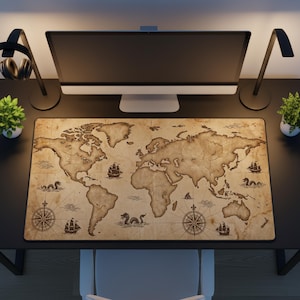 ヴィンテージ世界地図デスクマット | 海図オフィス装飾、大型マウスパッド