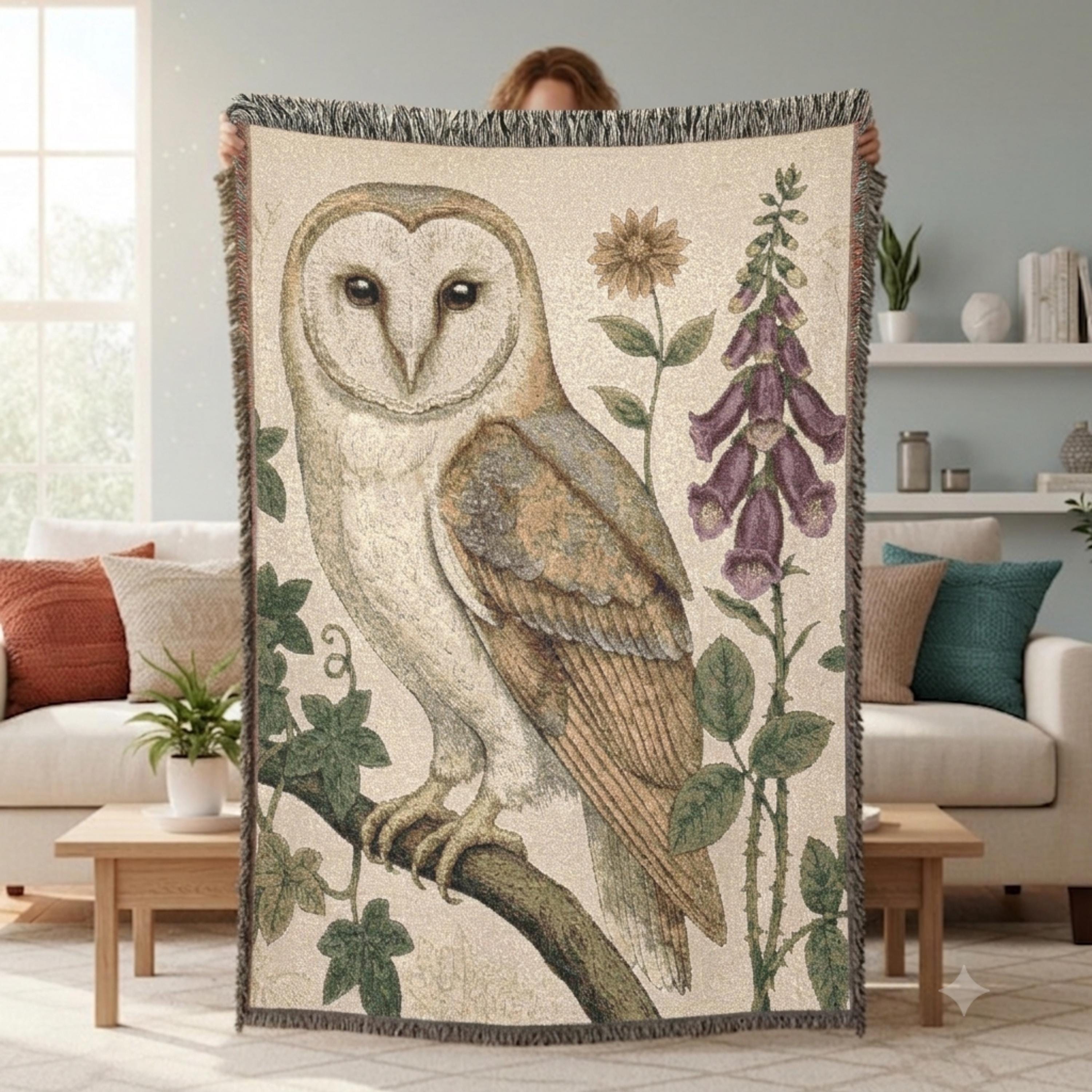Barn Owl Woodland Woven Throw Blanket, Cottagecore Nature Tapestry, 100% Cotton Bedding