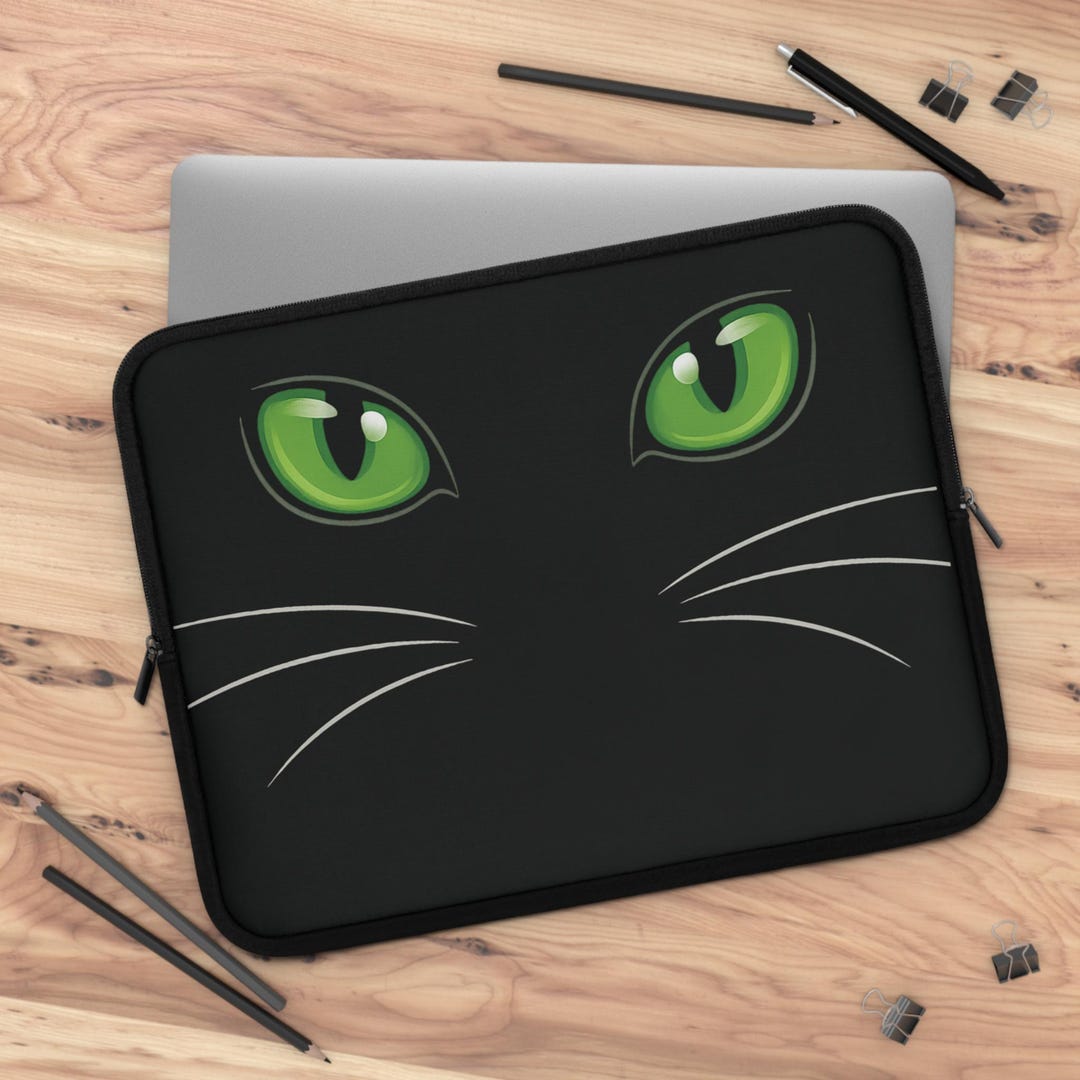 Computer Cat Covers Black Cat Green Eyes Laptop Sleeve, Minimalist MacBook Cover ...