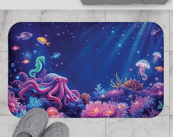 Vibrant Underwater Octopus Jellyfish Bath Mat, Sea Life Coastal Bathroom Rug