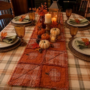 May include: A rectangular fabric table runner featuring a patchwork design of orange and plaid squares with frayed edges and pumpkin appliques. The runner is centered on a plaid tablecloth set with plates, amber glasses, and autumn-themed decor.