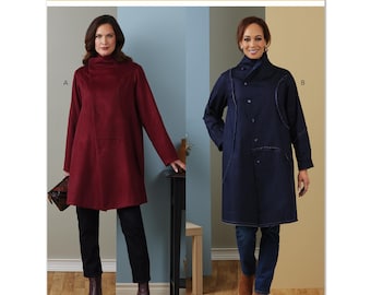 May include: A sewing pattern from Butterick featuring two coat designs. One coat is a deep red, long-sleeved, and has a high collar. The other coat is navy blue with button closures and a unique collar. The pattern includes the text "Butterick" and "B6919".