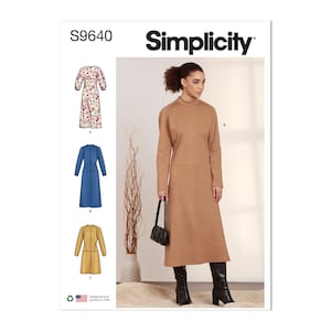 May include: Simplicity sewing pattern S9640. A woman models a tan dress with long sleeves and a high neckline. The pattern features illustrations of three dress designs. The Simplicity logo is displayed at the top right of the image.
