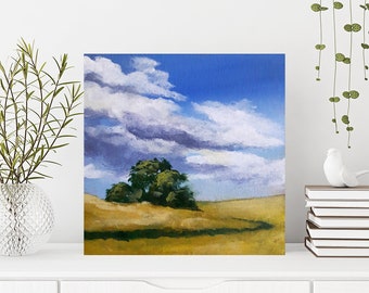 Original Art Acrylic Landscape Painting 6X6 on Canvas Panel Canadian Art Free Shipping Small Painting Blue Green Trees Clouds