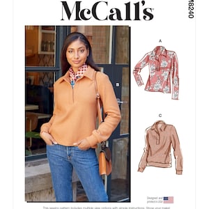 Puede incluir: Patrón de costura McCall's M8240. La imagen muestra a una mujer con un top melocotón y vaqueros, y dos diseños de tops. El patrón incluye múltiples opciones con instrucciones sencillas. El texto dice 'Diseñado e impreso en EE. UU.'