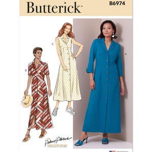Peut inclure: Patron de couture Butterick B6974 présentant trois modèles de robes. Les robes comprennent une robe bleu sarcelle à manches longues avec des boutons, une robe sans manches à pois et une robe à imprimé géométrique à manches courtes. Le patron est conçu et imprimé aux États-Unis.
