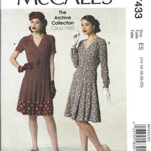 May include: McCall's M7433 sewing pattern featuring two vintage dresses from the Archive Collection, circa 1943. The pattern includes sizes E5 (14-16-18-20-22). The dresses are shown in brown and gray fabrics with floral and geometric patterns.