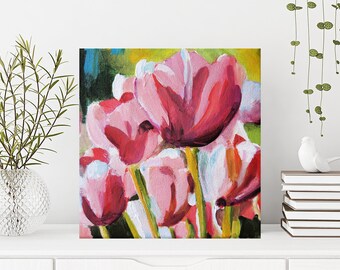 Original Acrylic Painting Pink Tulips Flower 6"x6" on Stretched Canvas Canadian Art East Coast Art Pink Flower Painting