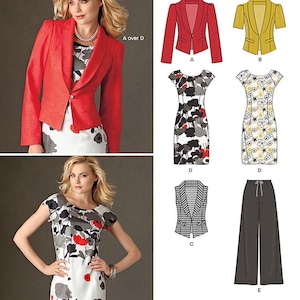 Könnte beinhalten: Ein Schnittmuster von New Look, Nummer 6013, mit einem roten Blazer, einer gelben Jacke, einem schwarz-weißen Blumenkleid, einer schwarz-weißen Weste und einer schwarzen Hose. Das Muster enthält den Text "ENGLISH FRANÇAIS ESPAÑOL".