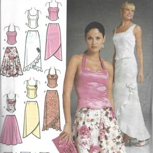 May include: Simplicity sewing pattern 4990 for size HH 6, 8, 10, 12. The envelope features illustrations of various tops, skirts, and a clutch bag, alongside photographs of a pink halter top with a floral skirt and a white sleeveless dress.
